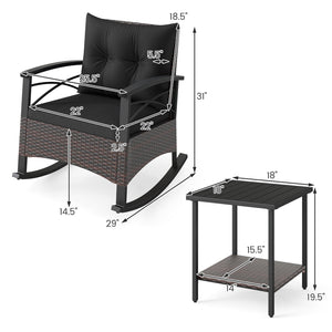 3 Piece Rocking Bistro Set PE Rattan Rocker Chairs with Acacia Wood Top Table-Black view 5