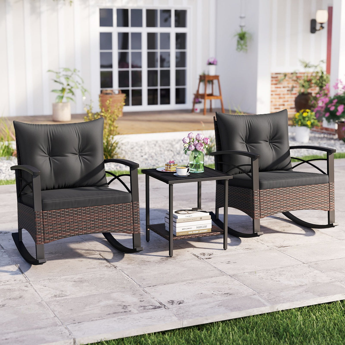 3 Piece Rocking Bistro Set PE Rattan Rocker Chairs with Acacia Wood Top Table-Black view 6