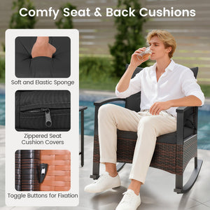 3 Piece Rocking Bistro Set PE Rattan Rocker Chairs with Acacia Wood Top Table-Black view 9