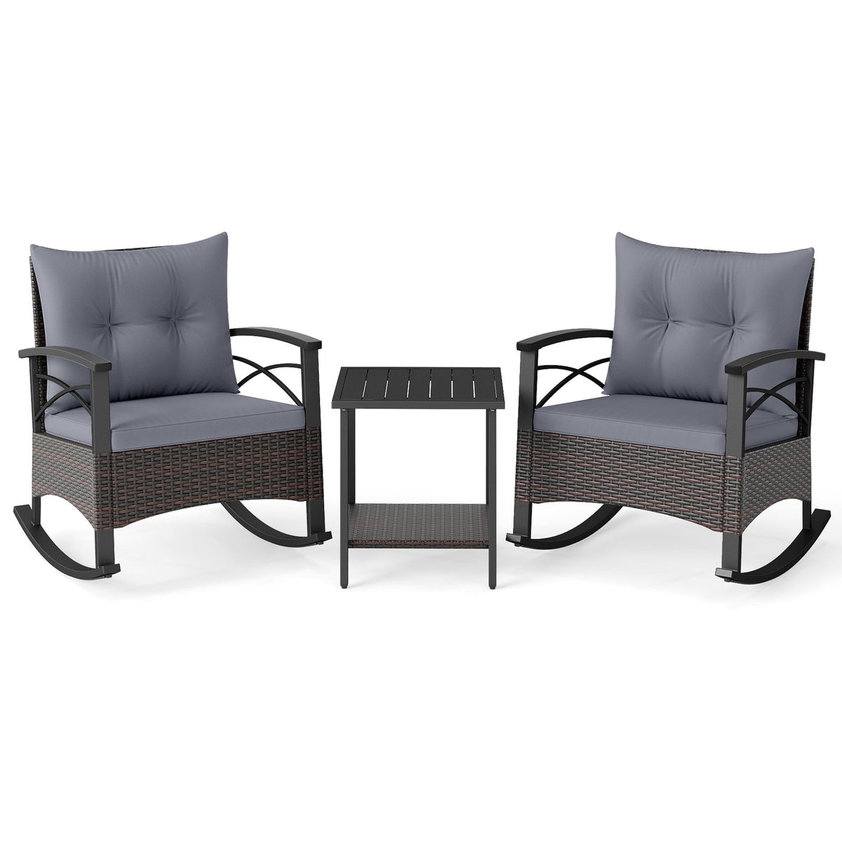 3 Piece Rocking Bistro Set PE Rattan Rocker Chairs with Acacia Wood Top Table-Gray