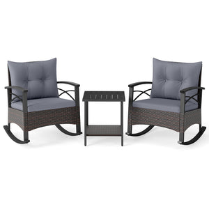 3 Piece Rocking Bistro Set PE Rattan Rocker Chairs with Acacia Wood Top Table-Gray