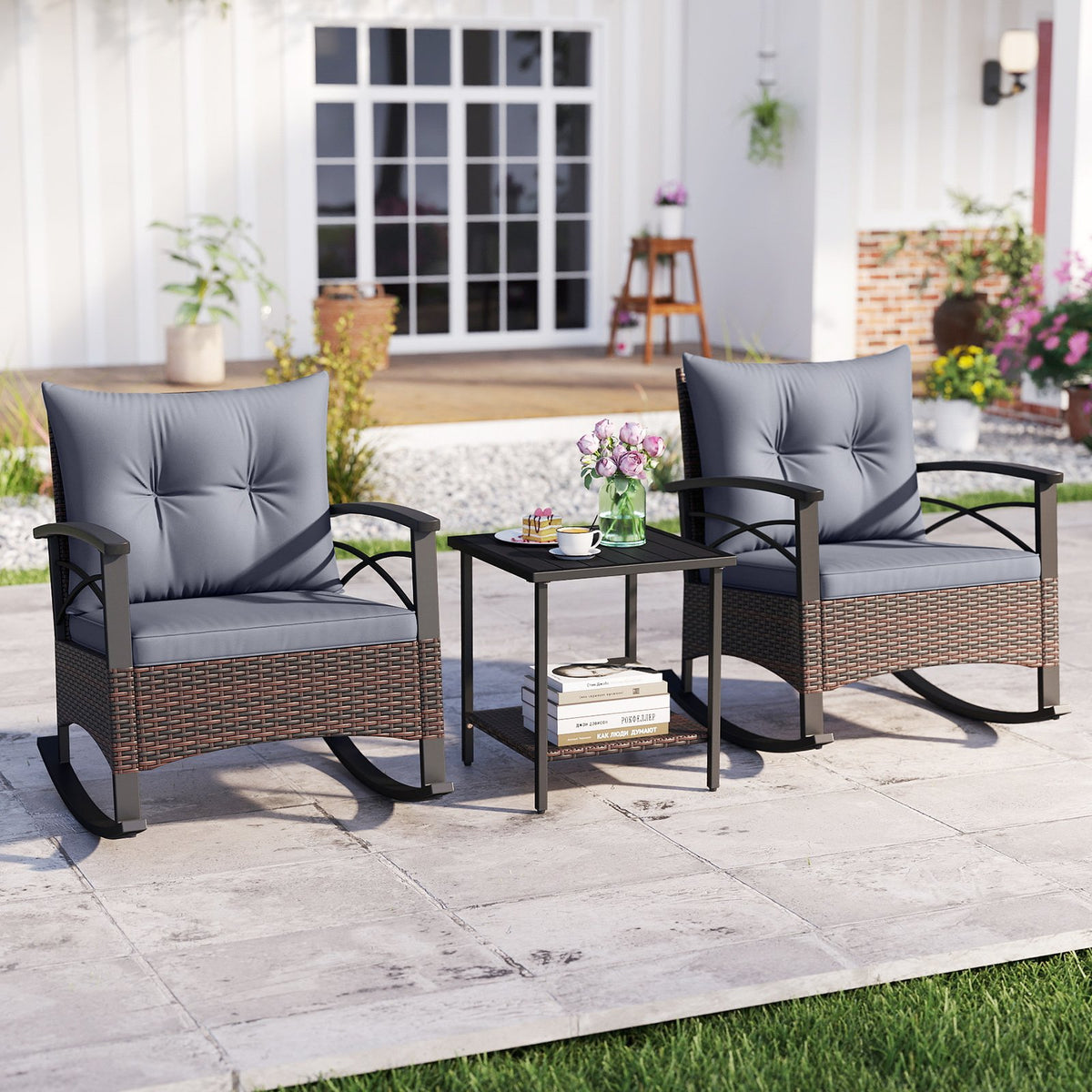 3 Piece Rocking Bistro Set PE Rattan Rocker Chairs with Acacia Wood Top Table-Gray view 2
