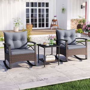 3 Piece Rocking Bistro Set PE Rattan Rocker Chairs with Acacia Wood Top Table-Gray view 2