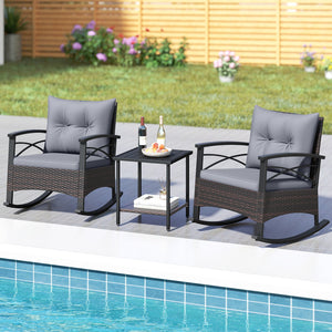 3 Piece Rocking Bistro Set PE Rattan Rocker Chairs with Acacia Wood Top Table-Gray view 3
