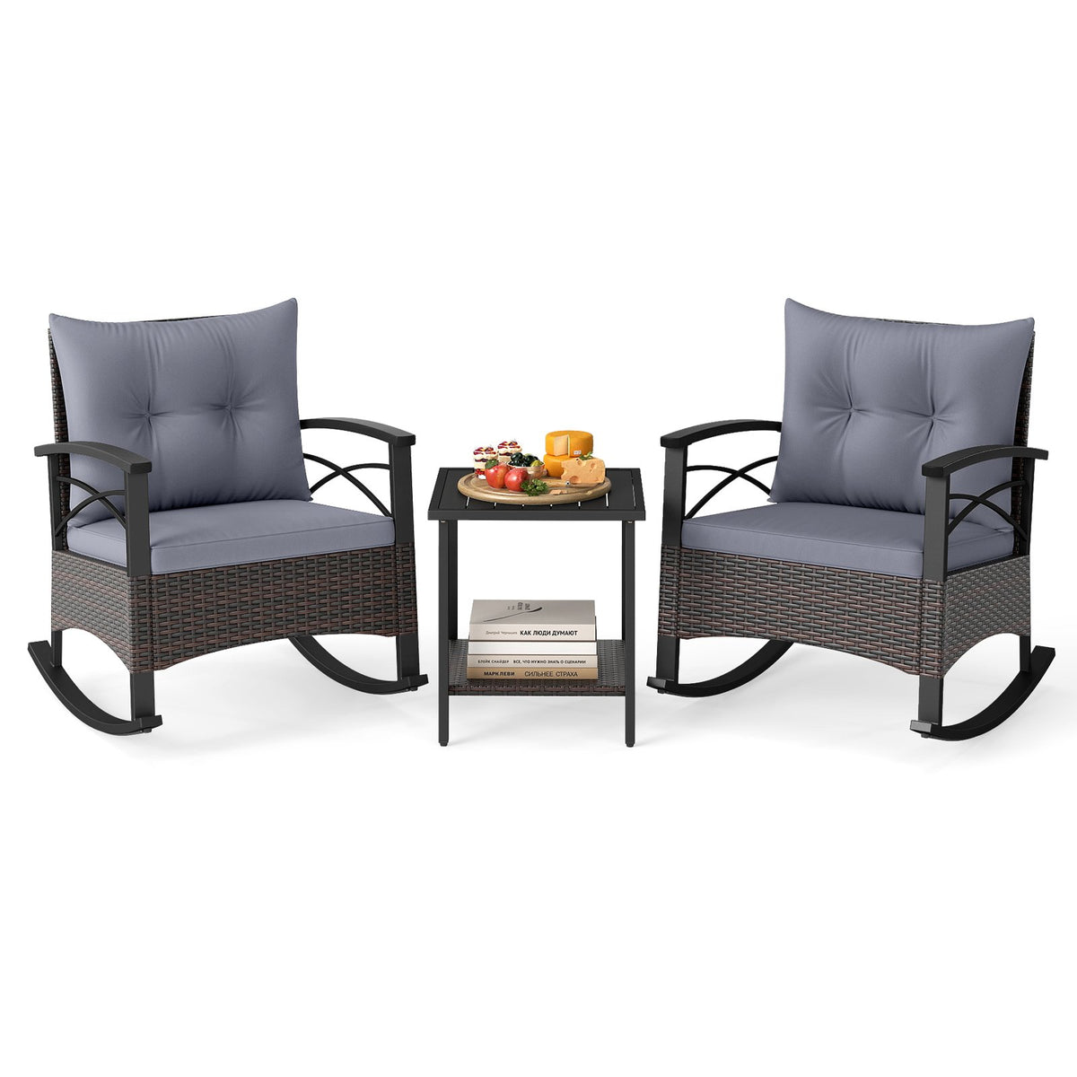 3 Piece Rocking Bistro Set PE Rattan Rocker Chairs with Acacia Wood Top Table-Gray view 4