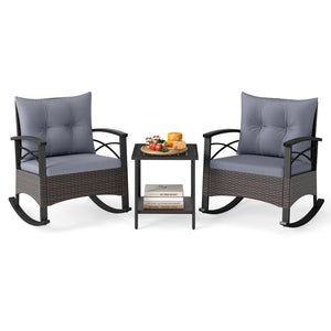 3 Piece Rocking Bistro Set PE Rattan Rocker Chairs with Acacia Wood Top Table-Gray view 4
