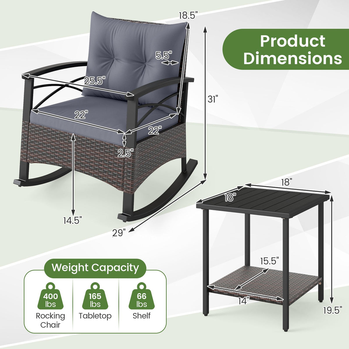 3 Piece Rocking Bistro Set PE Rattan Rocker Chairs with Acacia Wood Top Table-Gray view 5