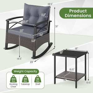 3 Piece Rocking Bistro Set PE Rattan Rocker Chairs with Acacia Wood Top Table-Gray view 5