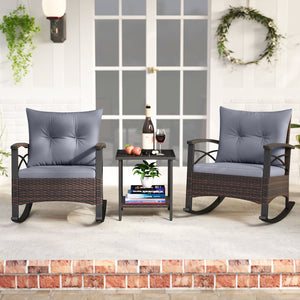 3 Piece Rocking Bistro Set PE Rattan Rocker Chairs with Acacia Wood Top Table-Gray view 6