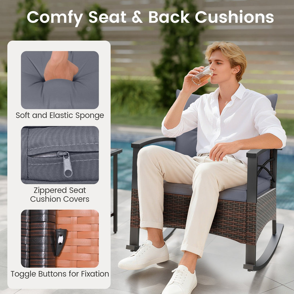 3 Piece Rocking Bistro Set PE Rattan Rocker Chairs with Acacia Wood Top Table-Gray view 9