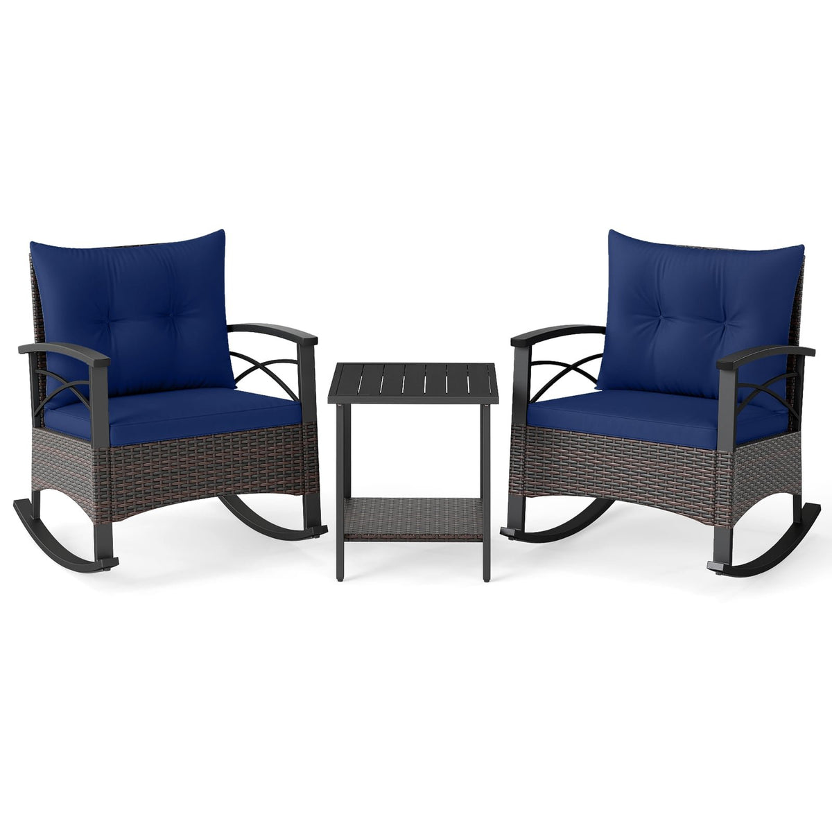 3 Piece Rocking Bistro Set PE Rattan Rocker Chairs with Acacia Wood Top Table-Navy