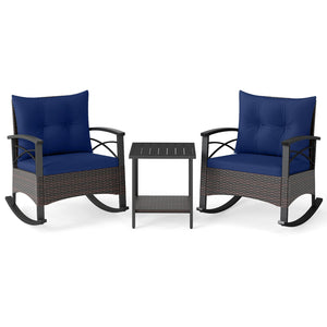 3 Piece Rocking Bistro Set PE Rattan Rocker Chairs with Acacia Wood Top Table-Navy