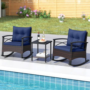3 Piece Rocking Bistro Set PE Rattan Rocker Chairs with Acacia Wood Top Table-Navy view 2