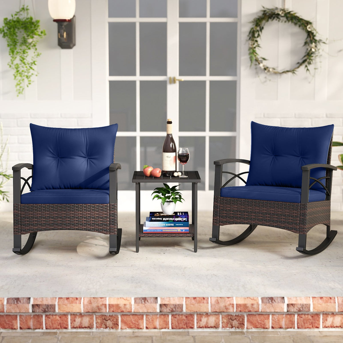 3 Piece Rocking Bistro Set PE Rattan Rocker Chairs with Acacia Wood Top Table-Navy view 3