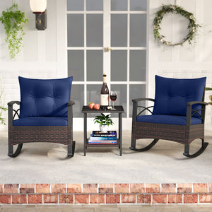 3 Piece Rocking Bistro Set PE Rattan Rocker Chairs with Acacia Wood Top Table-Navy view 3