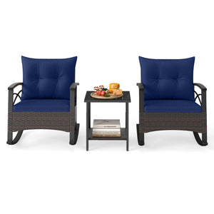 3 Piece Rocking Bistro Set PE Rattan Rocker Chairs with Acacia Wood Top Table-Navy view 4