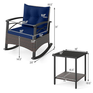 3 Piece Rocking Bistro Set PE Rattan Rocker Chairs with Acacia Wood Top Table-Navy view 5