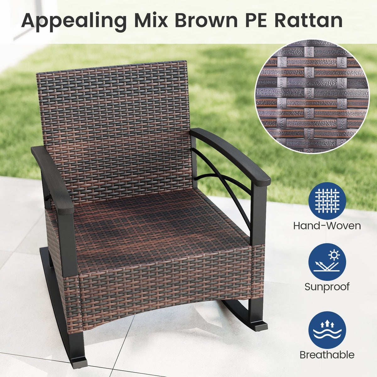 3 Piece Rocking Bistro Set PE Rattan Rocker Chairs with Acacia Wood Top Table-Navy view 6