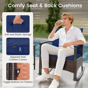 3 Piece Rocking Bistro Set PE Rattan Rocker Chairs with Acacia Wood Top Table-Navy view 8