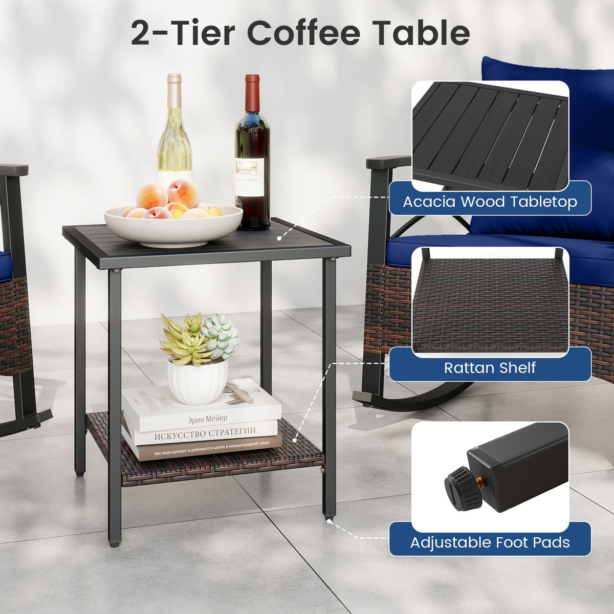 3 Piece Rocking Bistro Set PE Rattan Rocker Chairs with Acacia Wood Top Table-Navy view 9