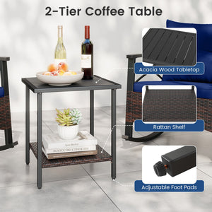 3 Piece Rocking Bistro Set PE Rattan Rocker Chairs with Acacia Wood Top Table-Navy view 9