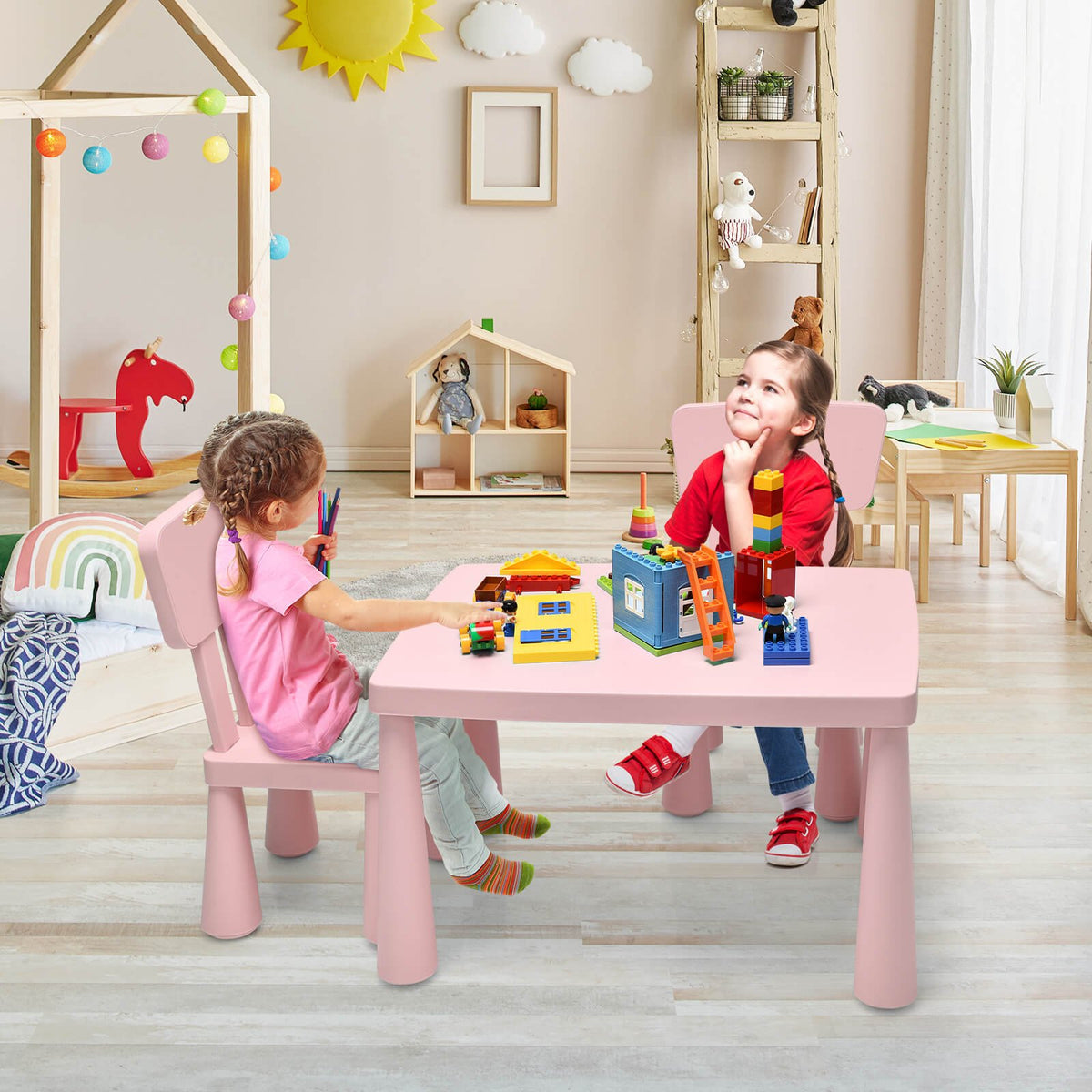 3 Pieces Toddler Multi Activity Play Dining Study Kids Table and Chair Set-Pink view 2