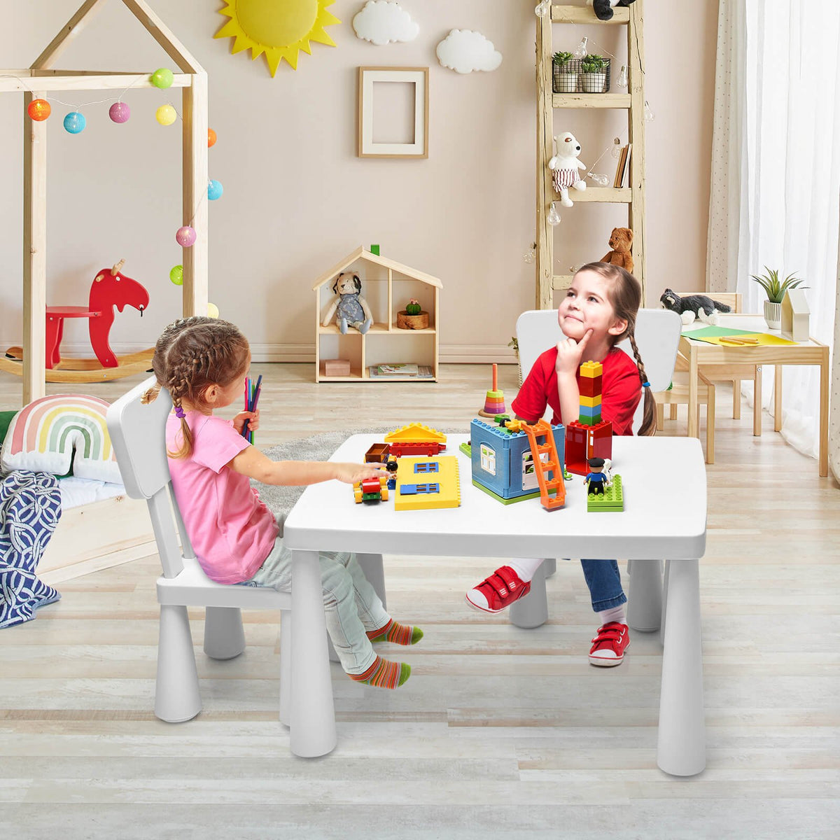 3 Pieces Toddler Multi Activity Play Dining Study Kids Table and Chair Set-White view 2