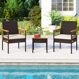 3 Piece Wicker Furniture Set with Acacia Wood Tabletop and Armrest for Balcony-White view 2