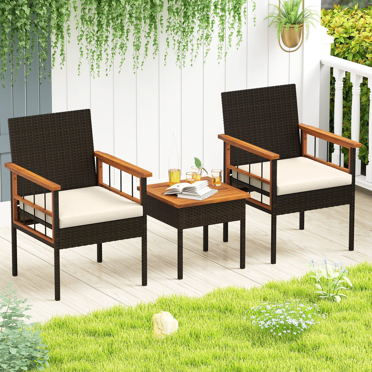 3 Piece Wicker Furniture Set with Acacia Wood Tabletop and Armrest for Balcony-White view 3
