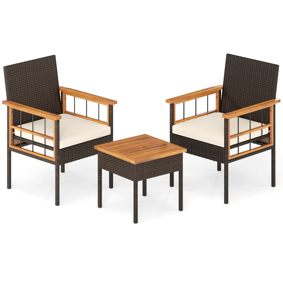3 Piece Wicker Furniture Set with Acacia Wood Tabletop and Armrest for Balcony-White view 4