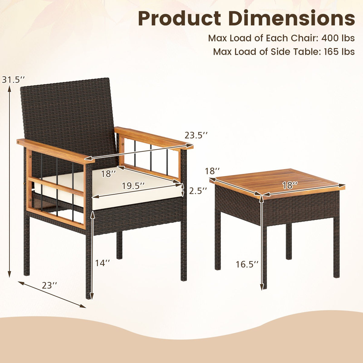 3 Piece Wicker Furniture Set with Acacia Wood Tabletop and Armrest for Balcony-White view 5