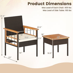 3 Piece Wicker Furniture Set with Acacia Wood Tabletop and Armrest for Balcony-White view 5