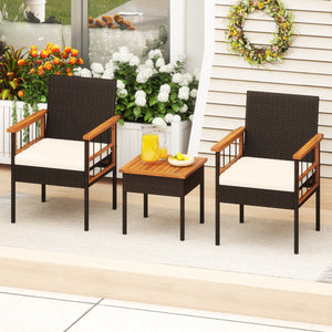 3 Piece Wicker Furniture Set with Acacia Wood Tabletop and Armrest for Balcony-White view 6