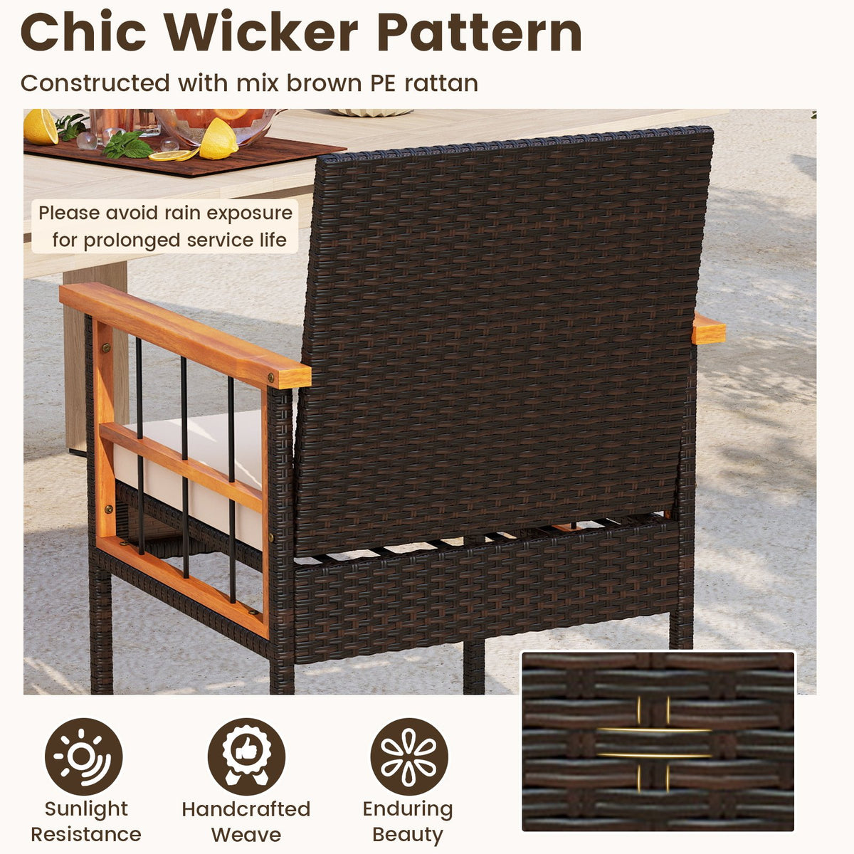 3 Piece Wicker Furniture Set with Acacia Wood Tabletop and Armrest for Balcony-White view 7