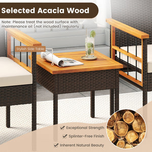 3 Piece Wicker Furniture Set with Acacia Wood Tabletop and Armrest for Balcony-White view 8