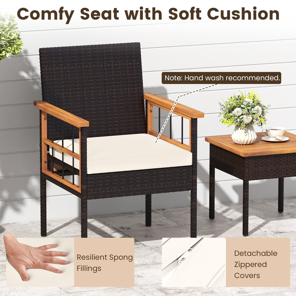 3 Piece Wicker Furniture Set with Acacia Wood Tabletop and Armrest for Balcony-White view 9