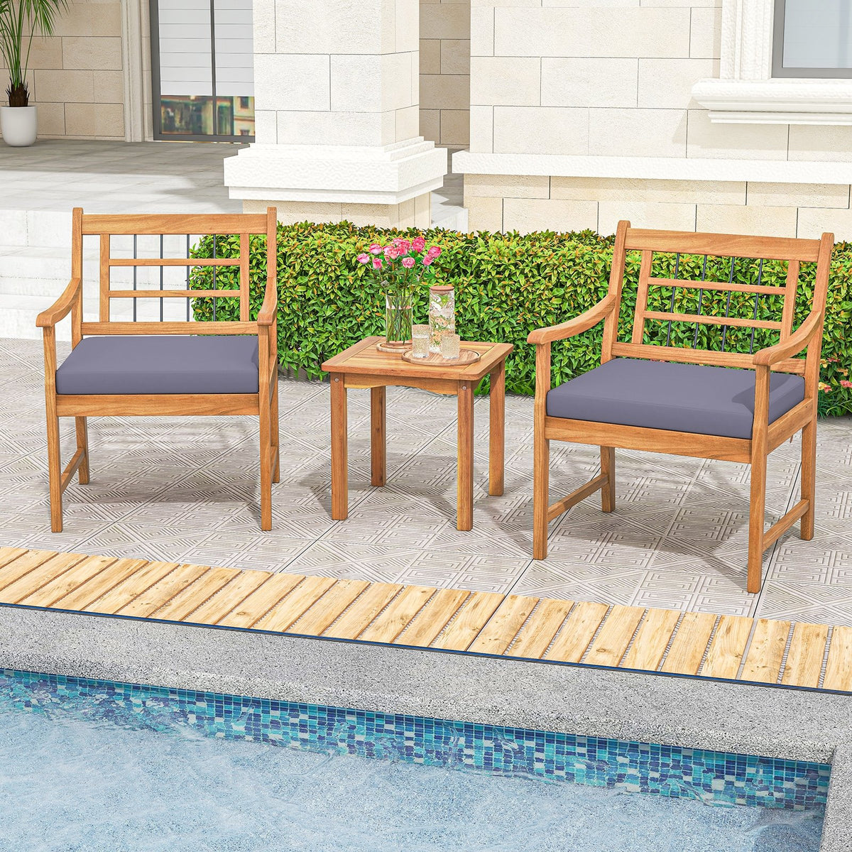 3 Piece Wood Patio Furniture Set with Seat Cushions and Acacia Wood Frame-Gray view 2