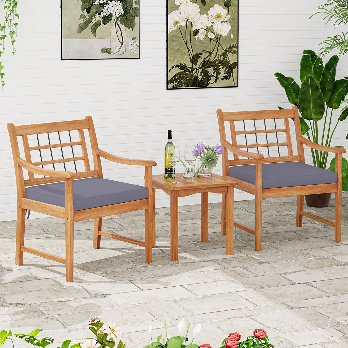 3 Piece Wood Patio Furniture Set with Seat Cushions and Acacia Wood Frame-Gray view 3