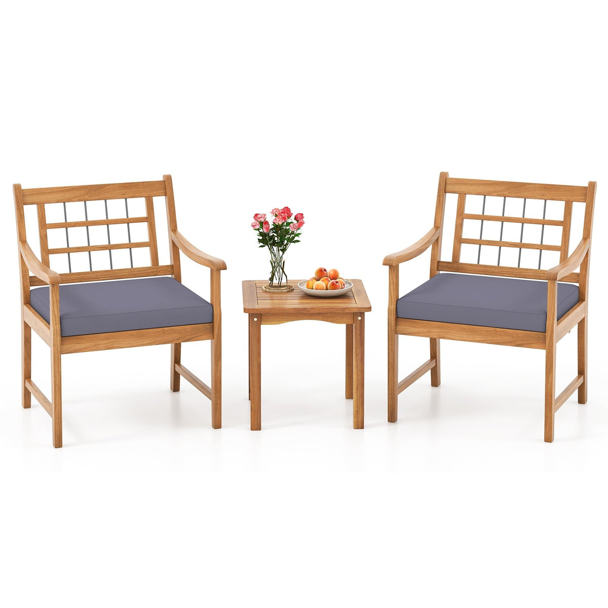 3 Piece Wood Patio Furniture Set with Seat Cushions and Acacia Wood Frame-Gray view 4