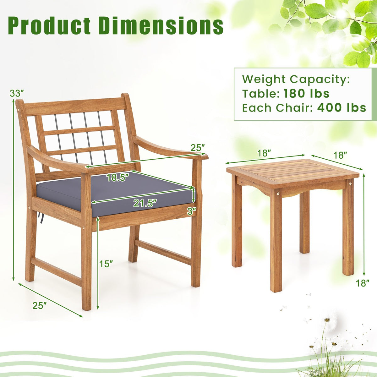 3 Piece Wood Patio Furniture Set with Seat Cushions and Acacia Wood Frame-Gray view 5