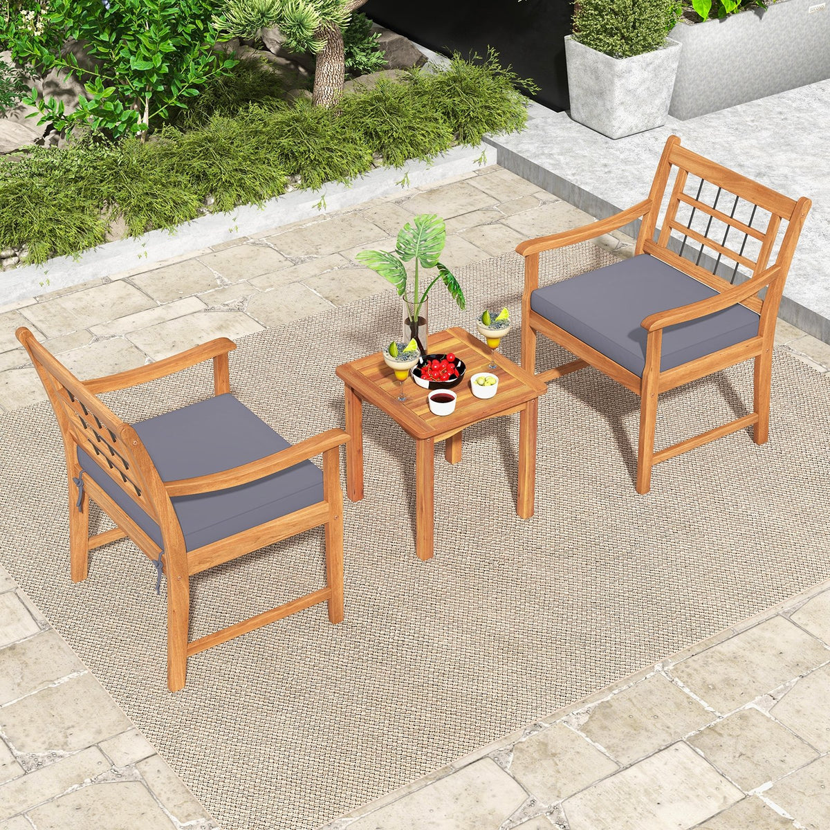 3 Piece Wood Patio Furniture Set with Seat Cushions and Acacia Wood Frame-Gray view 6