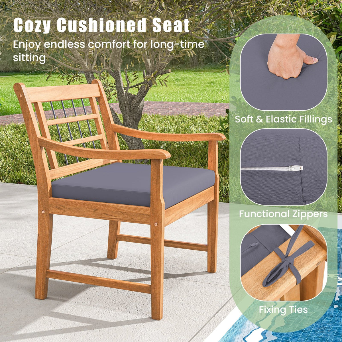 3 Piece Wood Patio Furniture Set with Seat Cushions and Acacia Wood Frame-Gray view 8