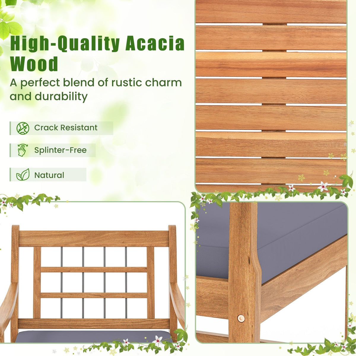 3 Piece Wood Patio Furniture Set with Seat Cushions and Acacia Wood Frame-Gray view 9