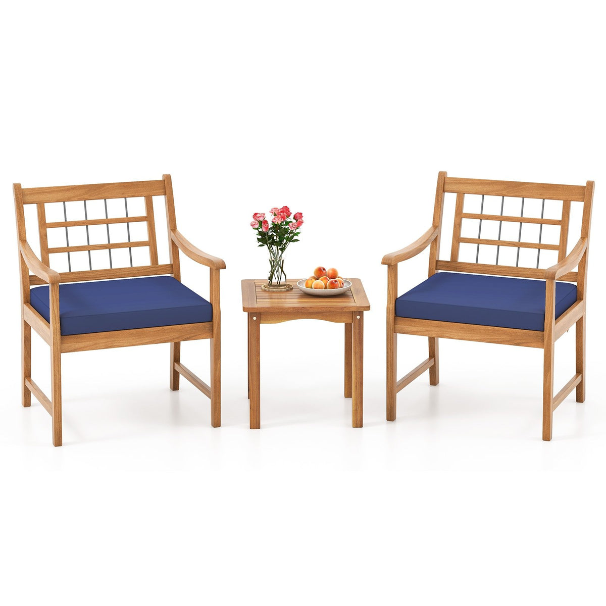 3 Piece Wood Patio Furniture Set with Seat Cushions and Acacia Wood Frame-Navy view 4