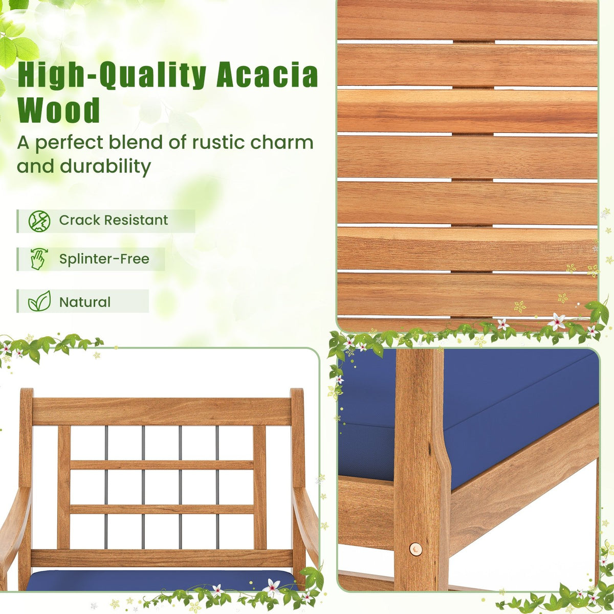 3 Piece Wood Patio Furniture Set with Seat Cushions and Acacia Wood Frame-Navy view 7