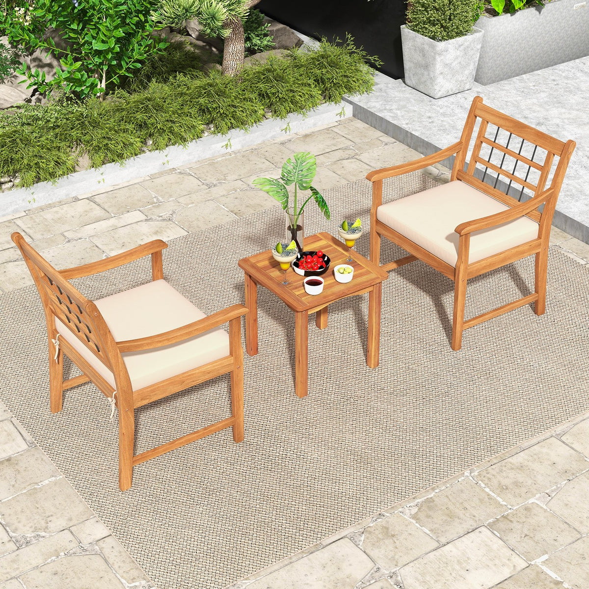 3 Piece Wood Patio Furniture Set with Seat Cushions and Acacia Wood Frame-White view 2