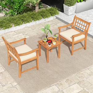 3 Piece Wood Patio Furniture Set with Seat Cushions and Acacia Wood Frame-White view 2