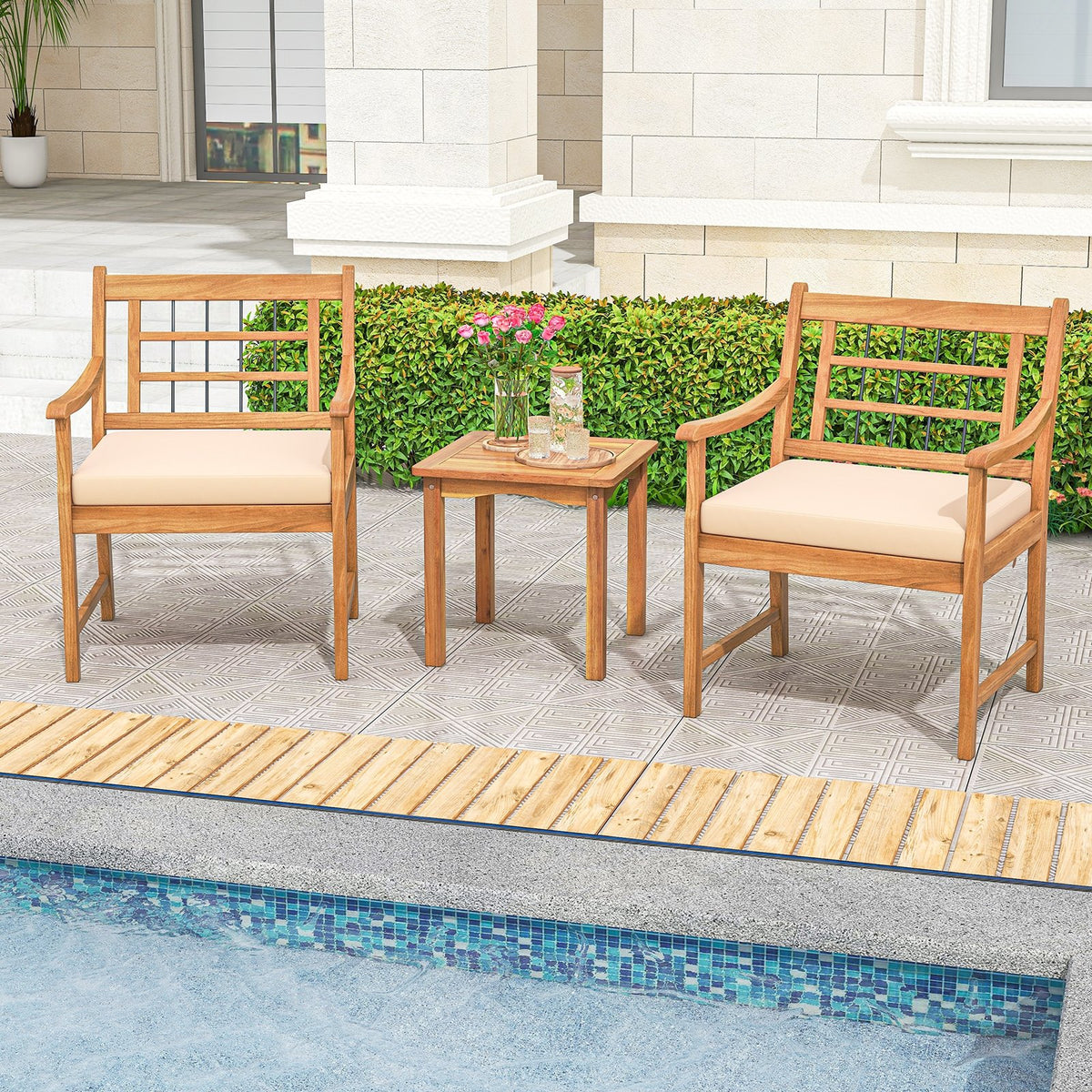 3 Piece Wood Patio Furniture Set with Seat Cushions and Acacia Wood Frame-White view 3