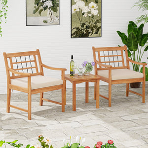 3 Piece Wood Patio Furniture Set with Seat Cushions and Acacia Wood Frame-White view 6