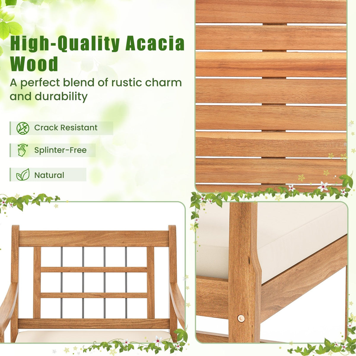 3 Piece Wood Patio Furniture Set with Seat Cushions and Acacia Wood Frame-White view 7
